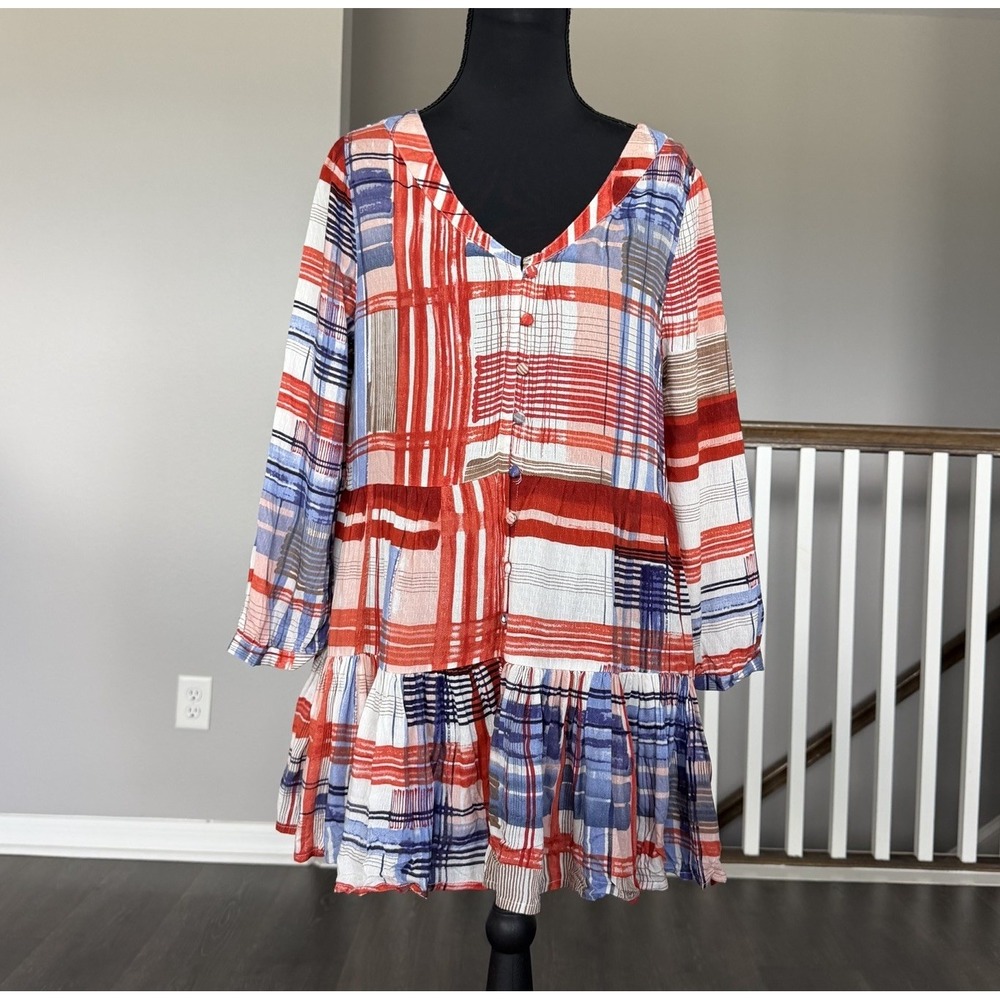 Maeve Anthropologie Lila Plaid Button Tiered Tunic Top Blouse Medium Boho